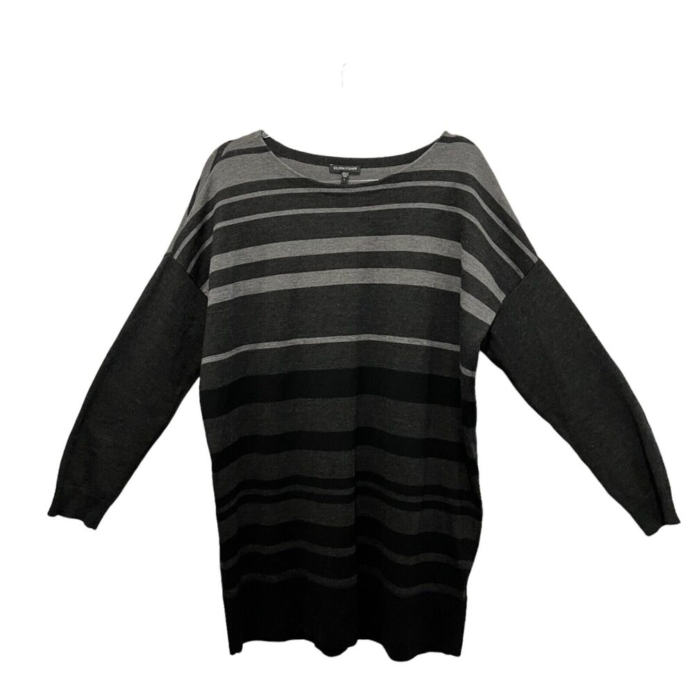 Eileen Fisher Tunic Sweater Womens 100% Merino Wool Gray Black Stripe Long SZ L